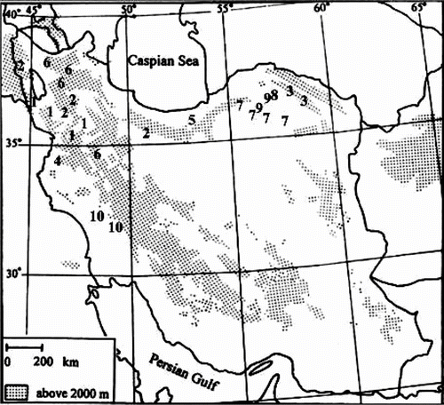 Figure 28 Distribution of different populations of O. sect. Hymenobrychis studied in Iran: 1. O. oshnaviyehensis; 2. O. michauxii; 3. O. chorassanica; 4. O. schahuensis; 5. O. mazanderanica; 6. O. subnitens; 7. O. sintenisii; 8. O. kuchanensis; 9. O. meshhedensis; 10. O. ptolemaica.