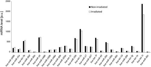 Figure 6. The levels of miRNAs that target transcripts coding for different proteins participating in miRNA biogenesis decrease 12 h after irradiation.