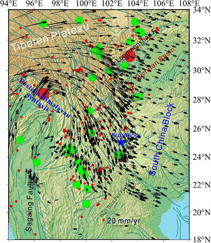 Figure 2. Distribution of GPS velocities in southeastern Tibetan Plateau with respect to the stable Eurasian plate from 1991 to 2016 (data from Wang and Shen (Citation2020) and Wang et al. (Citation2021)). The distribution of large earthquakes and fault trace is the same as in Figure 1.
