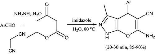 Scheme 49. Synthesis of pyrano[2,3-c]pyrazoles using imidazole.