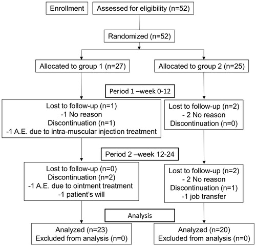 Figure 2. The CONSORT flow diagram for this trial. Fifty-two patients with late-onset hypogonadism were enrolled onto this trial. The patients were randomized into two groups (Groups 1 and 2). A total of 48 patients completed the first phase and 43 finished the second phase. The data obtained from these 43 patients were included in the outcome analyses.