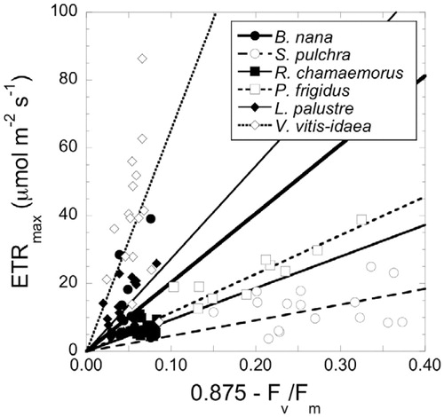 FIGURE 6. Relationships among PSII efficiency (Fv/Fm ) and maximum PSII electron transport rate (ETRmax). Lines describing the relationship between relative efficiency of PSII and maximal rate of electron transport identify each of the six species (see text for further explanation of this relationship).