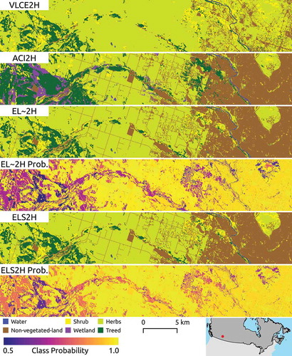 Figure 7. Details of benchmark maps (VLCE2H and ACI2H), harmonized maps (EL~2H and ELS2H), and maps of HLC class probabilities over an example region west of Calgary, Alberta, represented by the red dot in the lower-right map