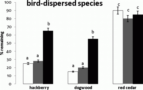 Figure 2.  Mean and standard error of percent seeds left for the interaction between bird-dispersed species and microsites. Means indicated with different letters were significantly different. Microsites are indicated as prairie (white), shrub (gray), and forest (black).