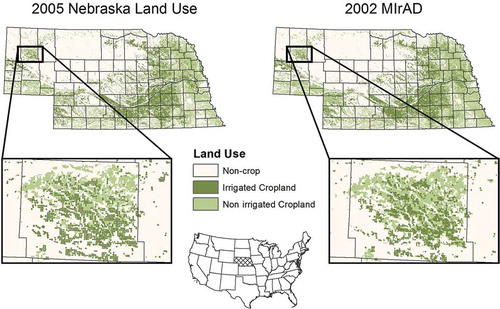Figure 1. Study area map showing the spatial distribution of irrigated and nonirrigated croplands of Nebraska as classified in the Nebraska land use map (left; Dappen et al. Citation2007) and the MIrAD (right; Pervez and Brown Citation2010).