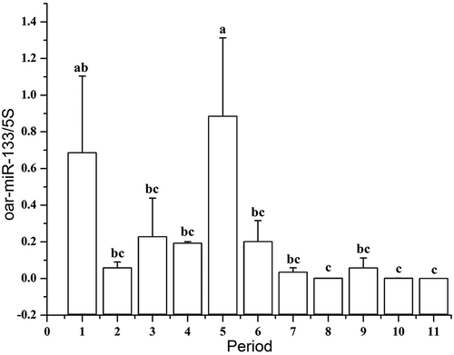 Figure 8. Relative expression levels of oar-miR-133 in foetuses at different developmental stages.Note: A different lowercase letter (a–c) above each bar indicates a significant difference among different developmental stages (P-value<0.05)