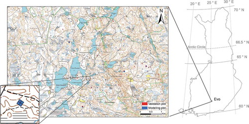 Figure 1. Location of the study area and sample plots in southern Finland. The total number of sample plots (n = 364) is comprised of 91 sample plot clusters.