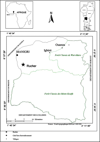 Fig. 1 Localisation du rucher dans l’arrondissement de Manigri, situé dans la commune de Bassila (Bénin). Fig. 1. Situation of the apiary in the locality of Manigri, town of Bassila (Benin).