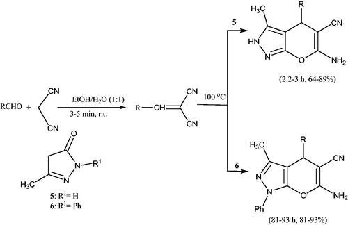 Scheme 3. Preparation of pyrano[2,3-c]pyrazoles in aqueous ethanol medium under catalyst-free conditions.
