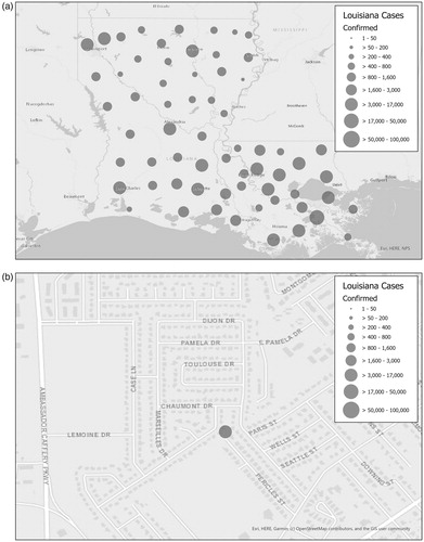 Figure 1 A centroid map presenting misleading information. When extent is not limited, users may zoom to street-level mapping making it appear that the entire population represented by that symbology is located as a specific point in space. Re-creation using data from Dong, Du, and Gardner (Citation2020) of Louisiana’s COVID-19 Map as of 11:27 AM EST 6/14/20 (“Louisiana Coronavirus COVID-19,” Citation2020).