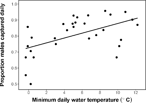 Figure 2. Proportion of males captured daily in 2016. Daily captures were always male-biased or equal (0.5). The proportion of males captured in a given day increased with increasing minimum water temperature (°C).