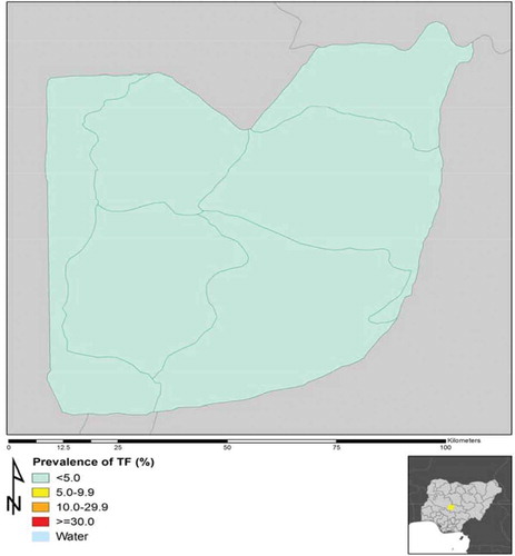Figure 1. Prevalence of trachomatous inflammation-follicular (TF) in 1–9-year-old children, by Area Council, Federal Capital Territory, Nigeria, Global Trachoma Mapping Project, 2014.
