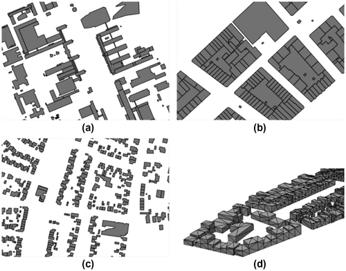 Figure 9. Part of the footprints of the data-sets (a) campus, (b) kvz, and (c) engelen. In (d) a view on the kvz data-set tetrahedralized; notice that the ‘air’ tetrahedra are not shown.