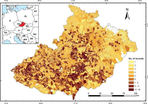 Figure 1. This map appeared in Péter Szabó, Silvie Suchánková, Lucie Křížová, Martin Kotačka, Martina Kvardová, Martin Macek, Jana Müllerová & Rudolf Brázdil (2018), “More than trees: The challenges of creating a geodatabase to capture the complexity of forest history,” Historical Methods: A Journal of Quantitative and Interdisciplinary History, 51 (3): 175–189. doi: 10.1080/01615440.2018.1444523. Included as Figure 3, this map shows the distribution and density of records (township-level) in the LONGWOOD database featured in this article. The inset shows the position of the study region in central Europe. The small area in the north without any records was added to Czechoslovakia in 1920, therefore archival sources prior to this date are absent.