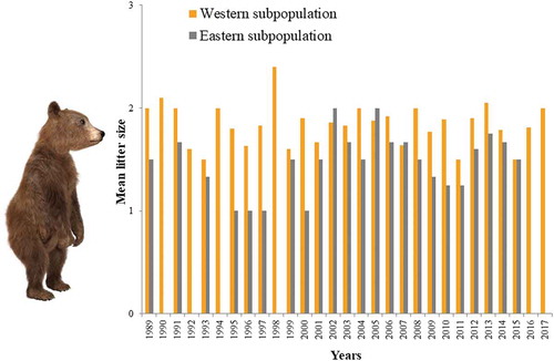 Figure 2. Interannual variations in brown bear mean litter size (number of cubs) for the western (1989–2017) and eastern (1989–2015) sectors of the Cantabrian Mountains.
