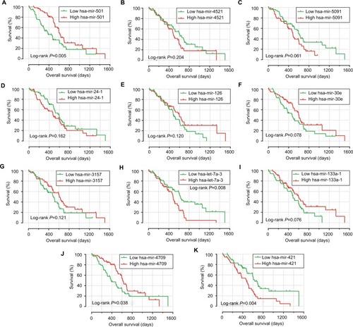 Figure 1 The Kaplan–Meier curves of 11 prognostic miRNAs in PDAC.Notes: The order of Kaplan–Meier curves of 11 prognostic miRNAs were as follows: hsa-mir-501 (A), hsa-mir-4521 (B), hsa-mir-5091 (C), hsa-mir-24-1 (D), hsa-mir-126 (E), hsa-mir-30e (F), hsa-mir-3157 (G), hsa-let-7a-3 (H), hsa-mir-133a-1 (I), hsa-mir-4709 (J), and hsa-mir-421 (K).Abbreviations: miRNA, microRNA; PDAC, pancreatic ductal adenocarcinoma.