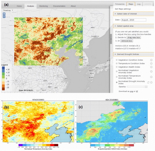 Figure 3. Screenshot of the platform showing (a) the NDAI indicator within the Web-GDMAP; (b) the disseminated NTAI indicator; (c) the disseminated EDI indicator for August 2010 in Northern China.