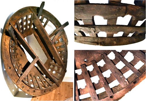 Figure 17. In Gamleby church in Sweden, there is nearly complete late medieval top or crow’s nest. It is made of oak and measures around 160 cm in diameter. Around the outside, run two rows of thin oak battens with semi-circular cutaways similar to the fragments found on the Riddarholmen Ship. (Niklas Eriksson).