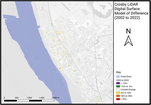 Figure 14. Crosby LiDAR 2002 to 2022 DSM comparison (OpenStreetMap).