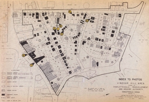 Figure 10. This map accompanying the city’s urban renewal application reveals that photographs were selectively used to exaggerate the conditions of Vinegar Hill. HBA, “Final Project Report, Part 1—Application for Loan and Grant, Urban Renewal Project No. VA R-12, Vinegar Hill Project,” June 1960. (Image in the public domain.)