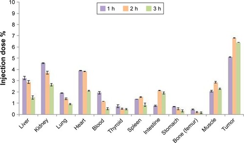 Figure 13 Biodistribution profile of nanoconjugate at different time intervals (dose per gram of tissue). P-value <0.05 was observed among various tissues.