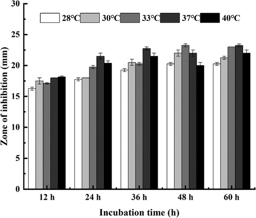 Figure 1. Effect of cultural temperature on the antibacterial activity of strain (SDUM301120) fermentation supernatant.