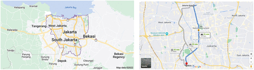 Figure 2. Jakarta city, the location of study (left) and the investigated route (right).