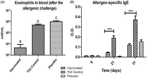 Figure 3. Immunotoxic impact of repeat-dose administration of vaccine to mice. (A) Blood eosinophils levels after allergen re-challenge. (B) Allergen-specific IgE levels in serum. Values shown are means ± SD from n = 10/group. Values significantly different at p < 0.01.