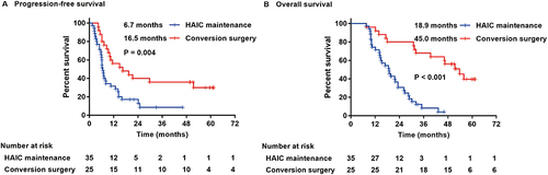 Figure 3 Kaplan-Meier plots of progression-free survival (A) and overall survival (B) in the HAIC maintenance group and conversion surgery group.