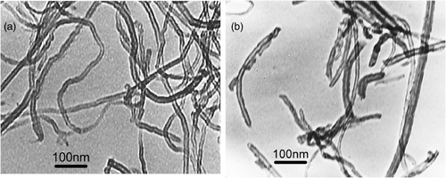 Figure 1. TEM images of MWCNTs before (a) and after (b) ball milling.