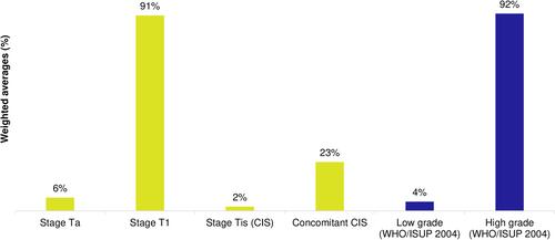 Figure 2 Tumor stages/grades reported in HR-NMIBC real-world studies (weighted-average %).