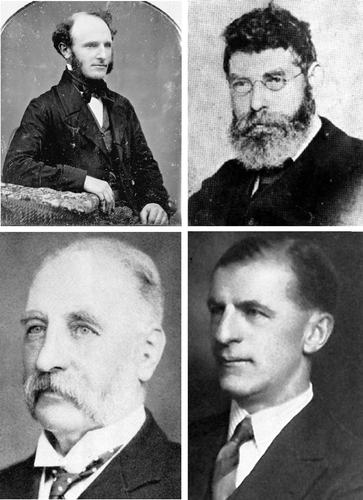 Figure 2  Photographs of Wellington-based geologists. Upper: left, James Coutts Crawford (1817–1889), Wellington Provincial Geologist (1861–1864) (photographer George Popowitz, 1849–1856; No. PA10–08–01, Crawford Family Collection, Alexander Turnbull Library, National Library of New Zealand); right, Alexander McKay (1841–1906), Assistant geologist, New Zealand Geological Survey (1873–1892) (Cyclopedia of New Zealand (Wellington Provincial District) 1897, Wellington, Cyclopedia Company Limited); Lower: left, Sir James Hector (1834–1907), Director of New Zealand Geological Survey (1865–1892) (photographed from framed photo; Institute of Geological and Nuclear Sciences Ltd.); right, James Abbott Mackintosh Bell (1877–1934), Director of New Zealand Geological Survey (1905–1911) (photographed from framed photo; Institute of Geological and Nuclear Sciences Ltd.).