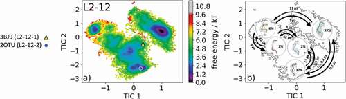 Figure 3. (a) Free energy surface of the CDR-L2 loop with a loop length of 12 residues including the projected canonical cluster median representatives. The canonical cluster representative used as the starting structure for simulations is shaped as triangle, while the other available canonical cluster median X-ray structure is visualized as circle and the respective color-coding is shown on the left. (b) Contours of the free energy surface are displayed in the background of the Markov-state model. The macrostate representatives with the respective macrostate ensemble and transition kinetics are also included. The macrostate representatives were colored independent of the canonical cluster representatives in (a) and summarize the kinetically relevant conformations of the CDR-L2 loop in solution. We obtained five macrostates, in which all canonical cluster medians are present