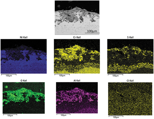 Figure 11. EDX mapping of IN713LC covered with sodium chloride salt deposits exposed to air + 300 vppm SOx gaseous atmosphere gas for 240 h.