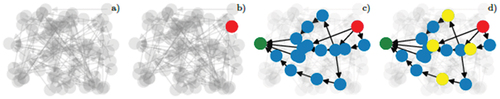 Figure 2. Procedure for determining coarser skills. (a) relation among skills from narrower to broader. (b) the red node is the selected skill from the set of keywords. (c) sub-graph of related skills to a top skill marked with green. (d) yellow nodes are coarser skills that are three edges from the top skill.