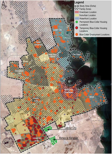 Figure 7. Housing and employment locations of the blue-collar workers in Doha (Source: the authors).
