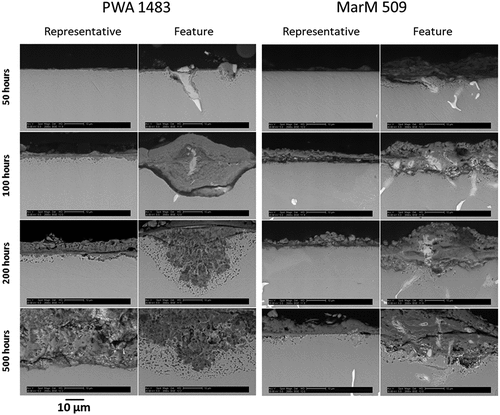 Figure 5. BSE images for PWA 1483 (left) and MarM 509 (right) showing areas both representative of the majority of the sample and also extreme corrosion features.