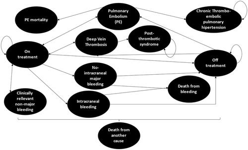 Figure 1. Model structure. For each simulated cancer patient, the different VTE treatment states are represented by ellipses and each transition between two states is represented by an arrow between those states.