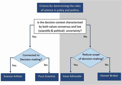 Figure 1. Possible roles of scientists in science and policy (adapted from Pielke Citation2007, p. 51)