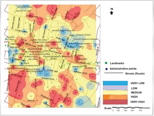 Figure 3. Shows a geospatial analysis of the level of crime in the study area.