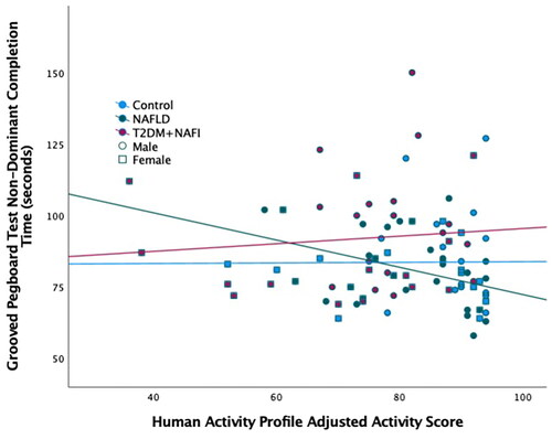 Figure 3. Relationship between physical activity and fine motor performance. Scatterplot of the Human Activity Profile Adjusted Activity Score and the Grooved Pegboard Test using the non-dominant hand. The three groups are represented by different colour markers and gender is represented by shape of the marker. The fit lines represent each of the group’s correlation (control: r=–0.077; NAFLD: r=–0.380; T2DM + NAFLD: r = 0.094).