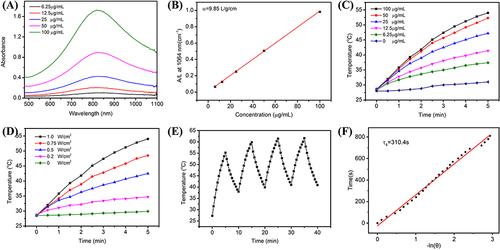 Figure 2 NIR-IIPhotothermal performance of CuPW@PANI Nanorods. (A) UV-vis-NIR spectra of CuPW@PANI Nanorods in water with various concentration. (B) Fitting curve of mass extinction coefficient of CuPW@PANI Nanorods at 1064 nm. (C) Photothermal curves of CuPW@PANI Nanorods with various concentrations (0~100 μg/mL) under 1064 nm laser irradiation (1.0 W/cm2). (D) Temperature elevation curves of CuPW@PANI Nanorods (100 μg/mL) under 1064 nm laser irradiation with different power densities. (E) Temperature curves of CuPW@PANI Nanorods after five heating/cooling cycles. (F) Linear time constant calculated from the cooling period.