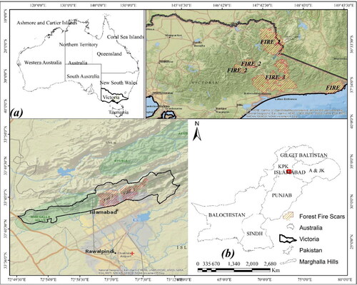 Figure 1. The study’s target blazes; a) from the Victoria, Australia database of forest fire from 2019–2020, b) from the Margalla Hills, Pakistan database from 2019 and 2020.
