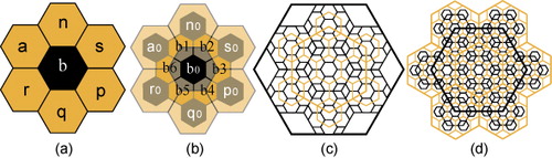 Figure 13. (a) Type A cells (orange) surround a type B cell (black) with index α. (b) The children of cells illustrated in (a), (c), and (d). The children of type A and B cells, respectively, at five successive resolutions. Notice the fractal boundary developing at the finer resolutions.