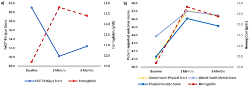 Figure 3 Patient-reported outcome scores and serum hemoglobin concentration at baseline and at 3 and 6 months after the first ferric carboxymaltose dose: (a) FACIT-Fatigue score and serum hemoglobin concentration; (b) Physical function, global health physical, and global health mental scores and serum hemoglobin concentration.
