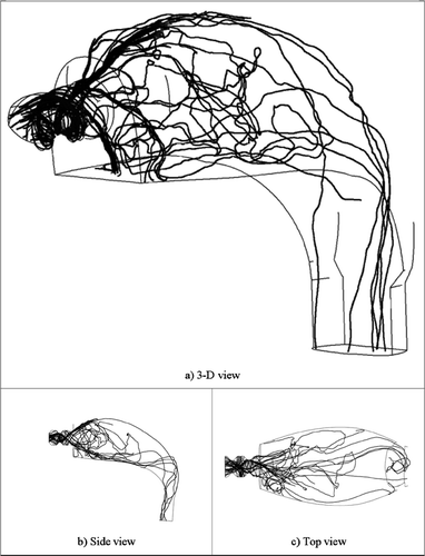 FIG. 8 Visualization of 50 trajectories of 4.1 μ m diameter particles in the mouth cavity with a DPI mouthpiece inlet; LES simulation.