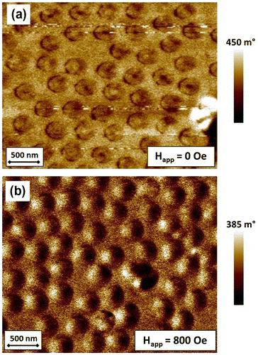 Figure 9. MFM images of Fe50Pd50 dot array (d  ≈ 328 nm, t = 35 nm) in different experimental conditions: (a) at magnetization remanence after applying a saturating magnetic field perpendicular to the film plane of about 10 kOe; (b) under an in-plane applied field of 800 Oe.