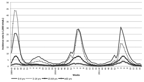 Figure 2. Influenza Like Illness incidence rate ( × 1,000 inhabitants) during 2009–2012 influenza seasons in Italy, by age class.