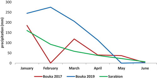 Figure 1. Average monthly precipitation (mm) for the periods from January to June in the 2017 and 2019 seasons in Bouka; and average monthly precipitation (mm) for the period from 2010 to 2016 in Sarabion