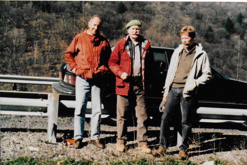 Figure 8. Left to right, Bill Chaloner, Al Traverse and Paul K. Strother pictured on fieldwork in the USA in the spring of 1981 (subsection 11.1). At this time, Paul Strother was a postdoctoral fellow with Elso Barghoorn at Harvard University, USA. The three are pictured in central Pennsylvania, USA, where they were revisiting outcrops of the Tuscarora Formation (Silurian). Al and Paul had previously reported on a pre-vascular plant terrestrial palynoflora from this lithostratigraphical unit (Strother and Traverse Citation1979). Precise date and photographer unknown. From the photograph collection of Bill Chaloner.